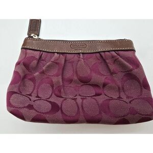 Coach Purple Fabric Wristlet Clutch With Brown Leather Trim & Zip Closure